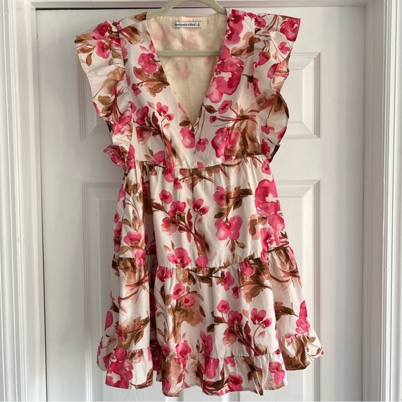 ABERCROMBIE & FITCH Floral Ruffle Tiered Mini Dress Pink Small - Picture 4 of 11
